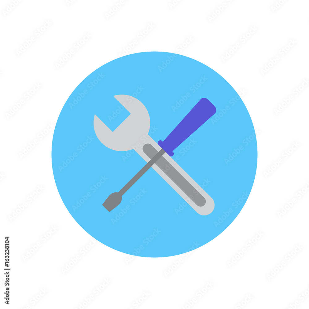 Wrench and screwdriver in cross flat icon. Round colorful button, Configuration and maintenance circular vector sign, logo illustration. Flat style design Wrench and screwdriver in cross flat icon. Round colorful button, Configuration and maintenance circular vector sign, logo illustration. Flat style design
