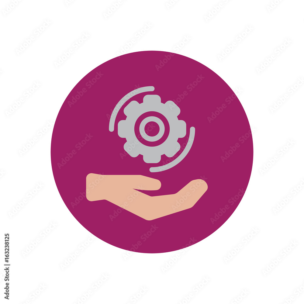 Hand holding cog wheel flat icon. Round colorful button, Gear settings circular vector sign, logo illustration. Flat style design Hand holding cog wheel flat icon. Round colorful button, Gear settings circular vector sign, logo illustration. Flat style design
