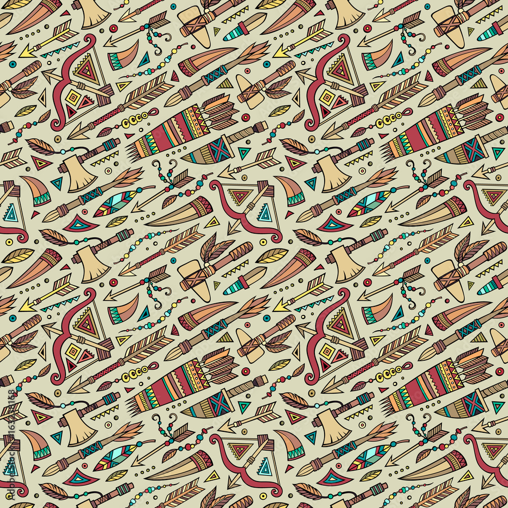 Obraz premium Vector cartoon seamless pattern with tribal elements