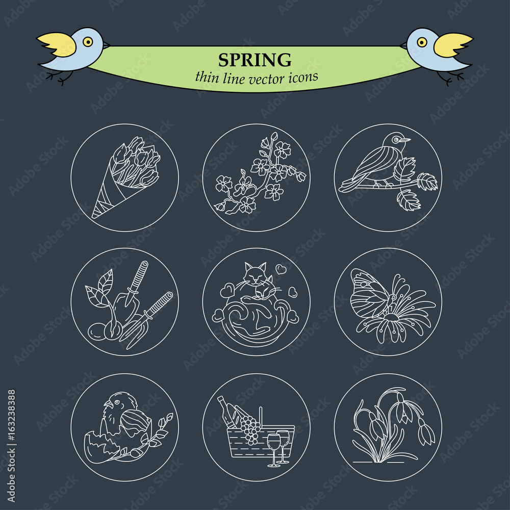 Spring thin line vector icons.