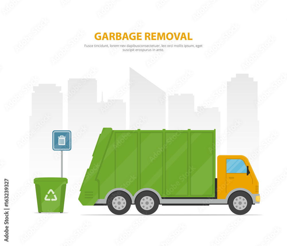 Garbage removal. Cartoon banner with garbage truck and dumpsters on the background the city skyline.