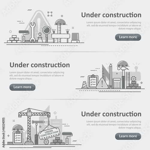 Flat line vector design concept banner templates set of under construction, web page building process for web design header, post website, linear, timeline, cover on gray paper background