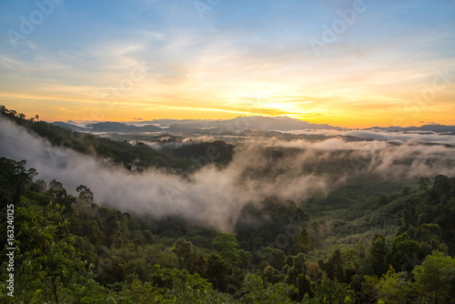 misty morning sunrise in mountain at Phang Nga,Thailand.