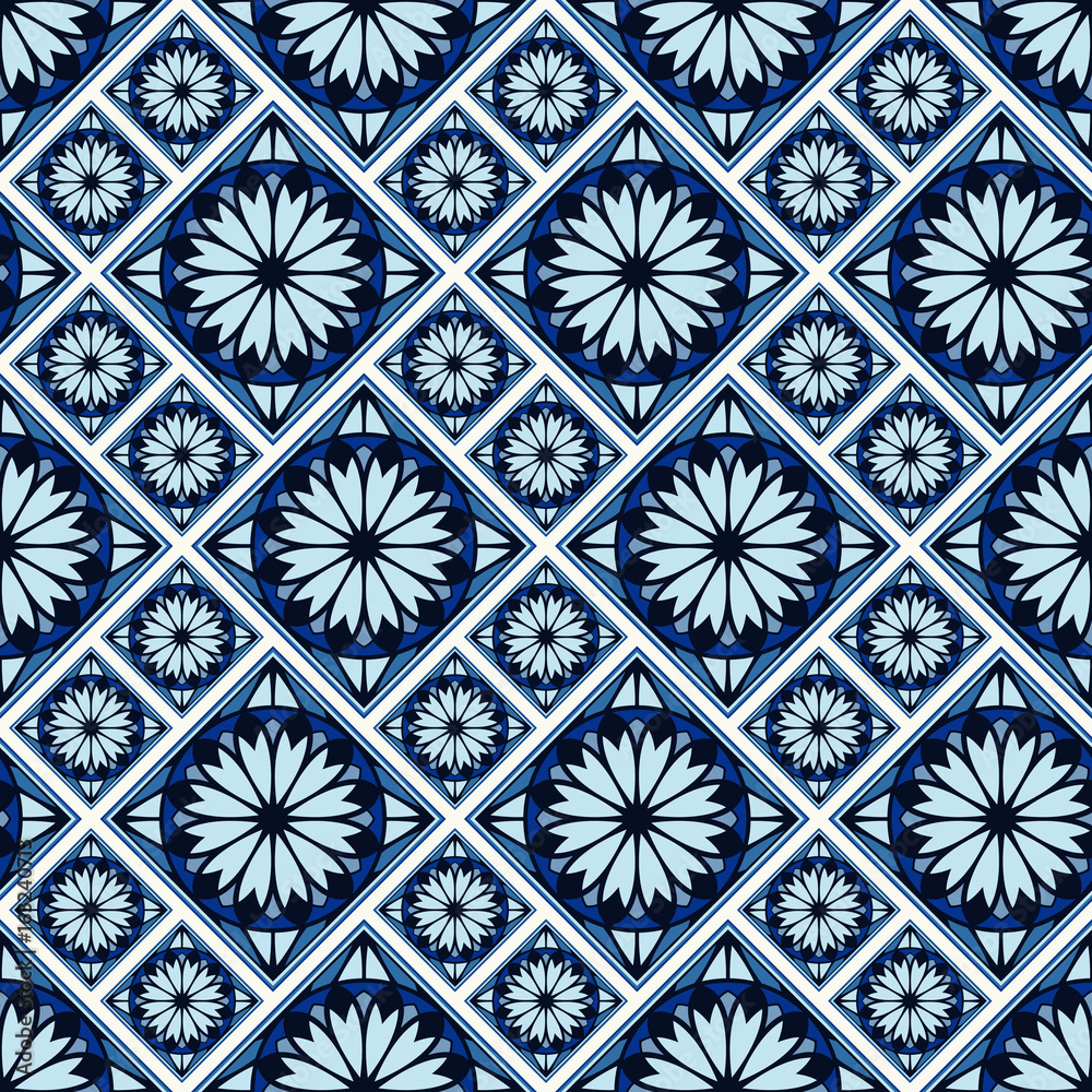 Seamless pattern in Spanish style. Spain tilework. Portugal ceramic tiles. Azulejo background. Indigo print.