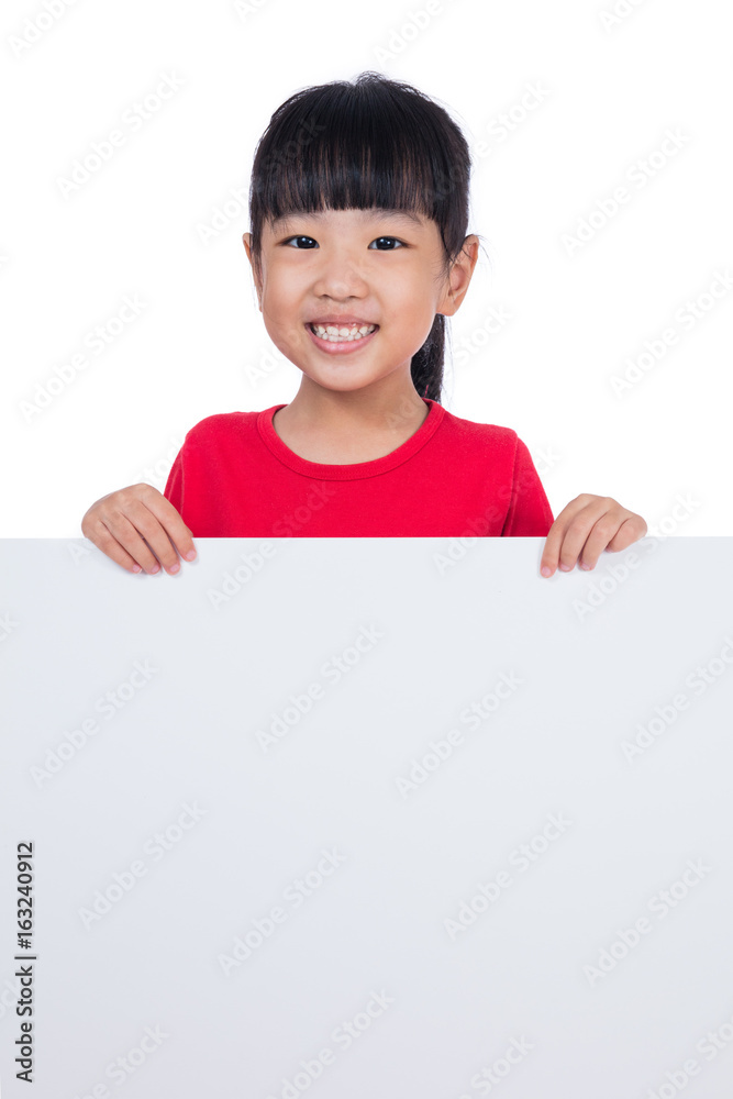 Asian Chinese little girl behind a blank white board Asian Chinese little girl behind a blank white board