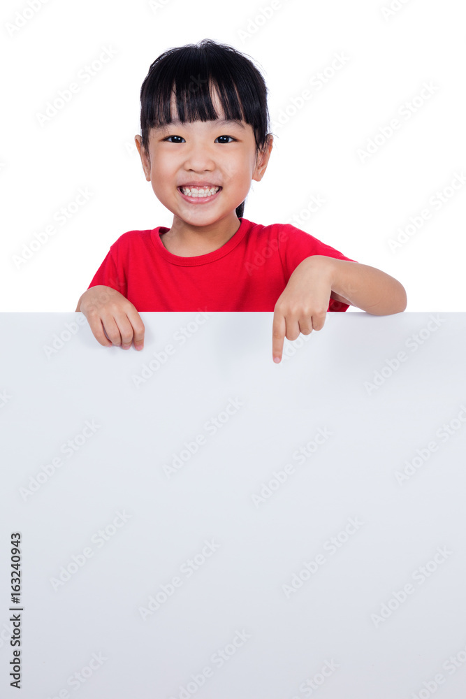 Asian Chinese little girl behind a blank white board Asian Chinese little girl behind a blank white board