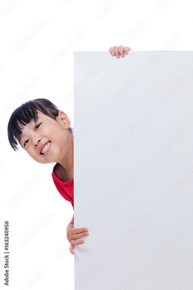 Asian Chinese little girl behind a blank white board Asian Chinese little girl behind a blank white board