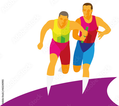 A young athlete sprinter is getting a baton from a partner by relay race