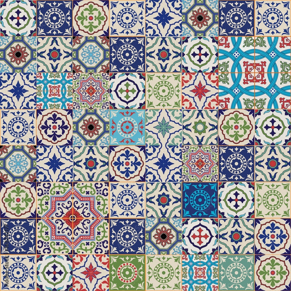 Mega Gorgeous seamless patchwork pattern from colorful Moroccan, Portuguese  tiles, Azulejo, ornaments.. Can be used for wallpaper, pattern fills, web page background,surface textures. 