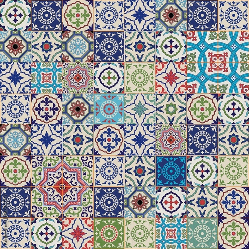 Mega Gorgeous seamless patchwork pattern from colorful Moroccan, Portuguese  tiles, Azulejo, ornaments.. Can be used for wallpaper, pattern fills, web page background,surface textures.  photo