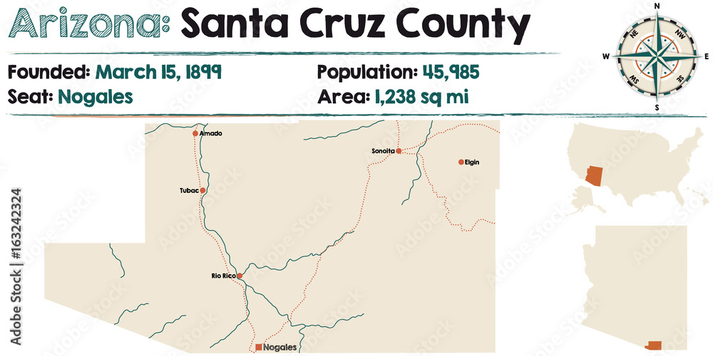 Fototapeta Large and detailed map of Santa Cruz county in Arizona.