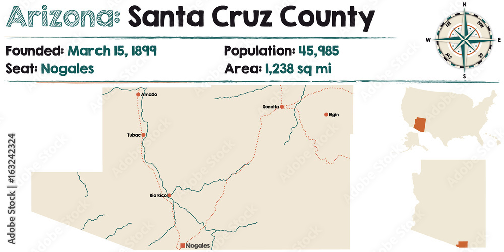 Large and detailed map of Santa Cruz county in Arizona.