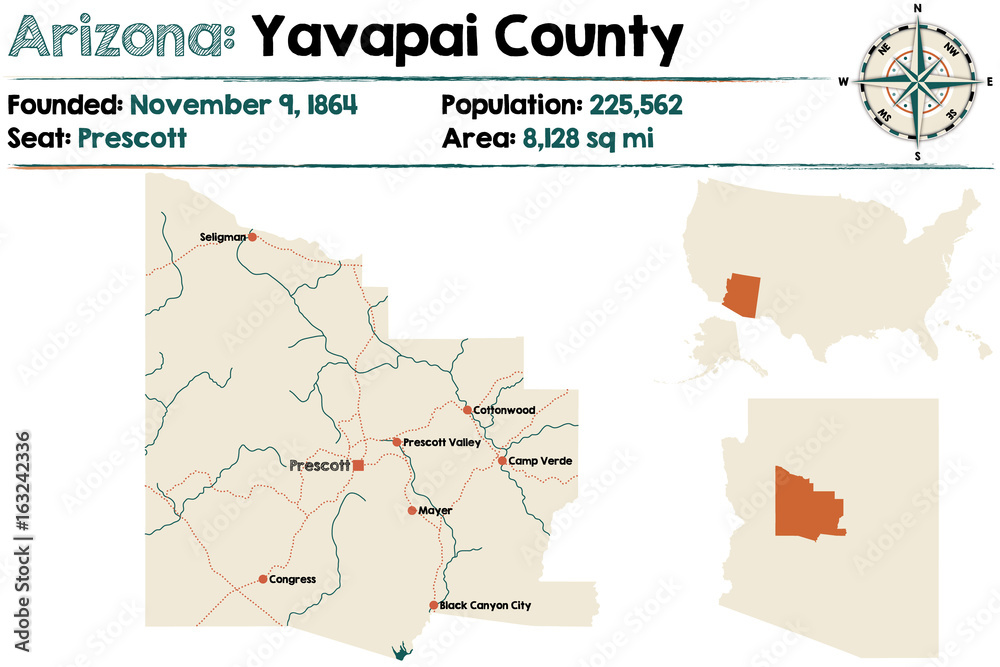 Fototapeta Large and detailed map of Yavapai county in Arizona.