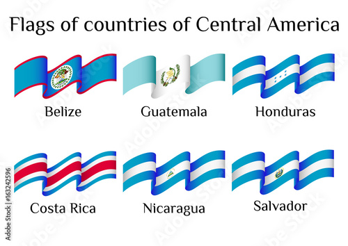 Set of flying flags of Central America countries in waves isolated on white background. Vector illustration