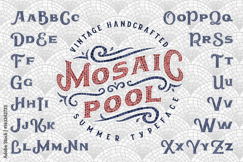 Vintage handcrafted summer typeface “Mosaic Pool” with seamless pattern