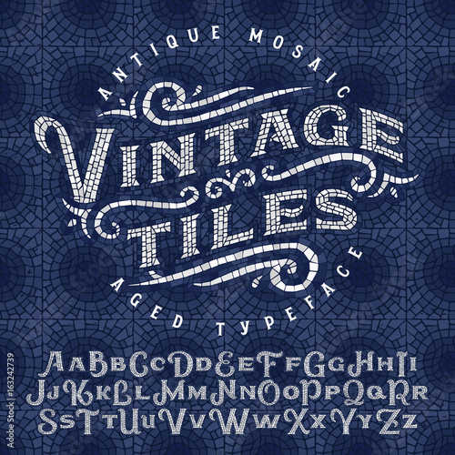 Vintage antique mosaic typeface made of hundreds of aged tiles. With seamless background pattern.