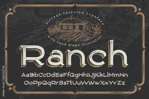 Vintage textured font named "Ranch" with hand drawn graphic illustration