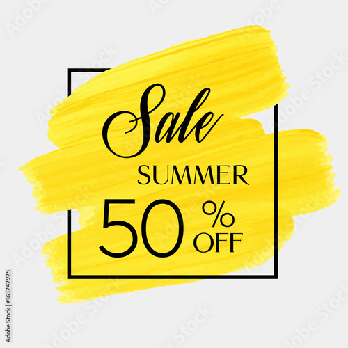 Summer sale 50% off sign over brush art paint abstract texture background acrylic stroke vector illustration. Perfect watercolor design discount for a shop and sale banners.