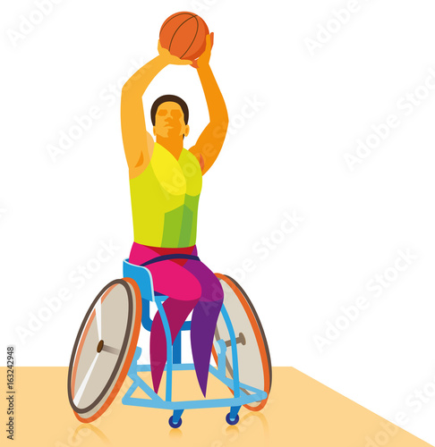 disabled athlete playing wheelchair basketball and attacks the opponent's ring