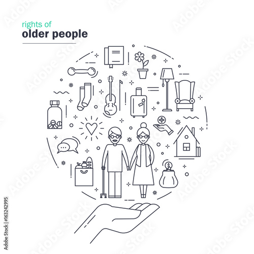 Rights of older people. Modern thin line design including symbols of help, safety, support of elderly. Vector illustration on white background.