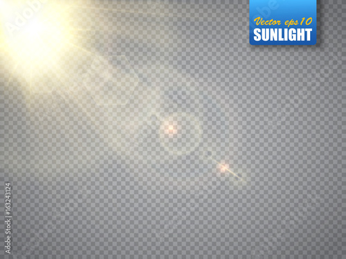 Lens flare light effect. Sun rays with beams isolated. Vector