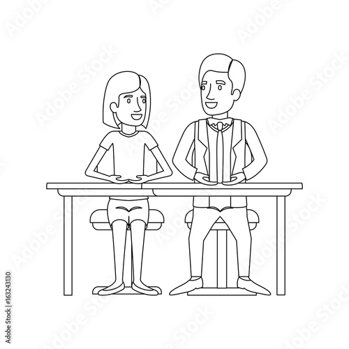 monochrome silhouette of teamwork of woman and man sitting in desk and her with short hair and him in formal suit with necktie vector illustration