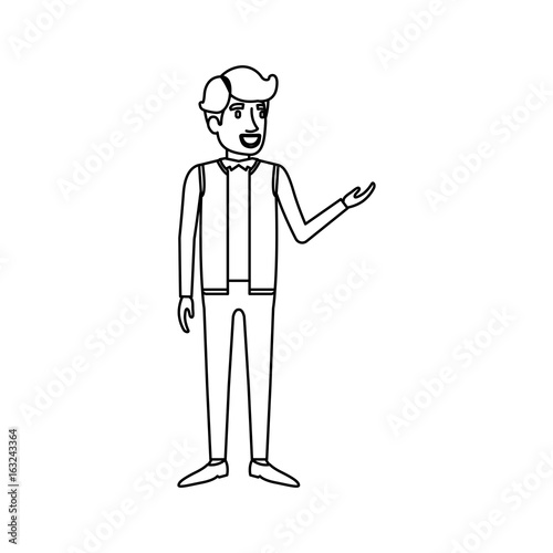 monochrome silhouette of man stand in formal clothes with waistcoat vector illustration