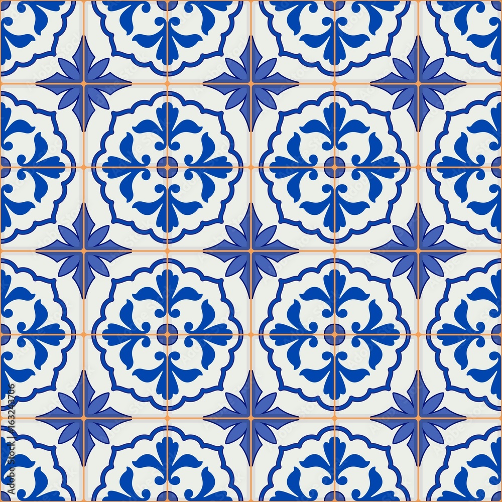 Gorgeous seamless patchwork pattern from dark blue and white Moroccan, Portuguese  tiles, Azulejo, ornaments. Can be used for wallpaper, pattern fills, web page background,surface textures. 