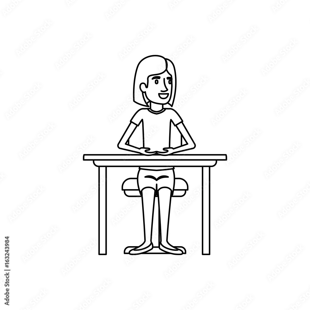 monochrome silhouette of woman with short hair and sitting in chair in desktop vector illustration monochrome silhouette of woman with short hair and sitting in chair in desktop vector illustration