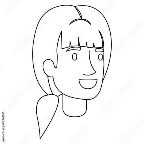 monochrome silhouette of woman face with ponytail hairstyle and bangs vector illustration