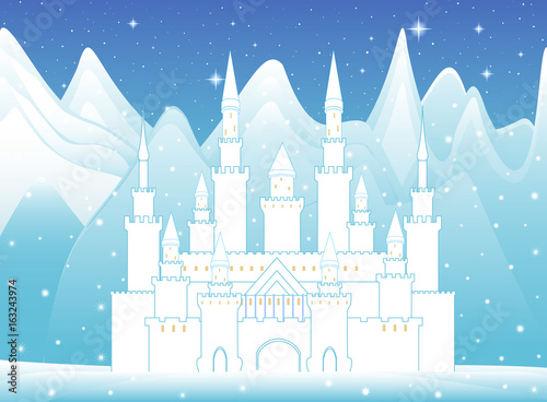 Vector castle of snow queen in frozen forest and winter mountains