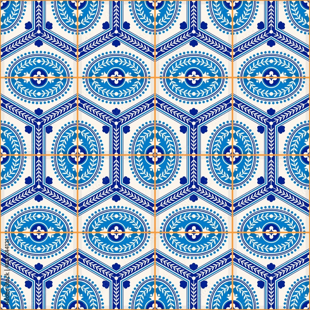 Gorgeous seamless  pattern from dark blue and white Moroccan, Portuguese  tiles, Azulejo, ornaments. Can be used for wallpaper, pattern fills, web page background,surface textures. 