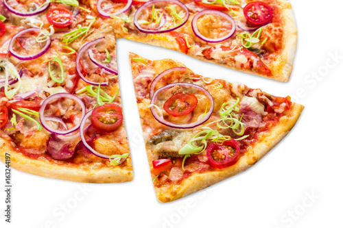 Delicious pizza with with onions, bacon and cherry