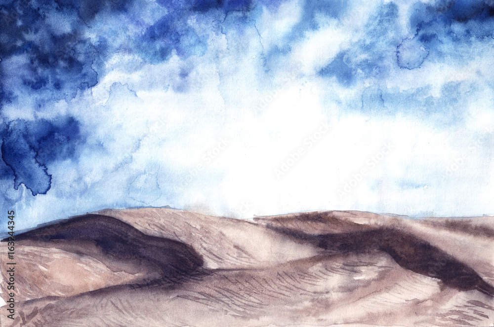 Watercolor illustration of desert landscape. Hand drawn background, wallpaper, backdrop, template for design