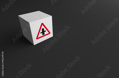 3D RENDERING OF ROAD SIGN ON WHITE BLOCK WITH GREY BACKGROUND
