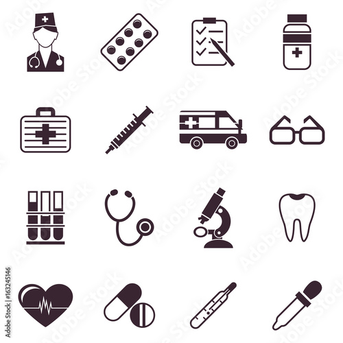 Digital vector black medical icons with drawn simple line art info graphic, ambulance tooth pills nurse heart tubes syringe medicine dropper first aid thermometer, flat style