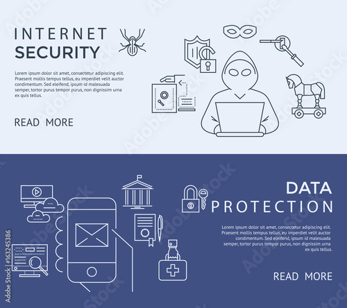 Digital vector blue internet security data protection icons set drawn simple line art info graphic poster, hacker user bug vulnerability mobile email trojan malware bank cloud spy intercept mask, flat