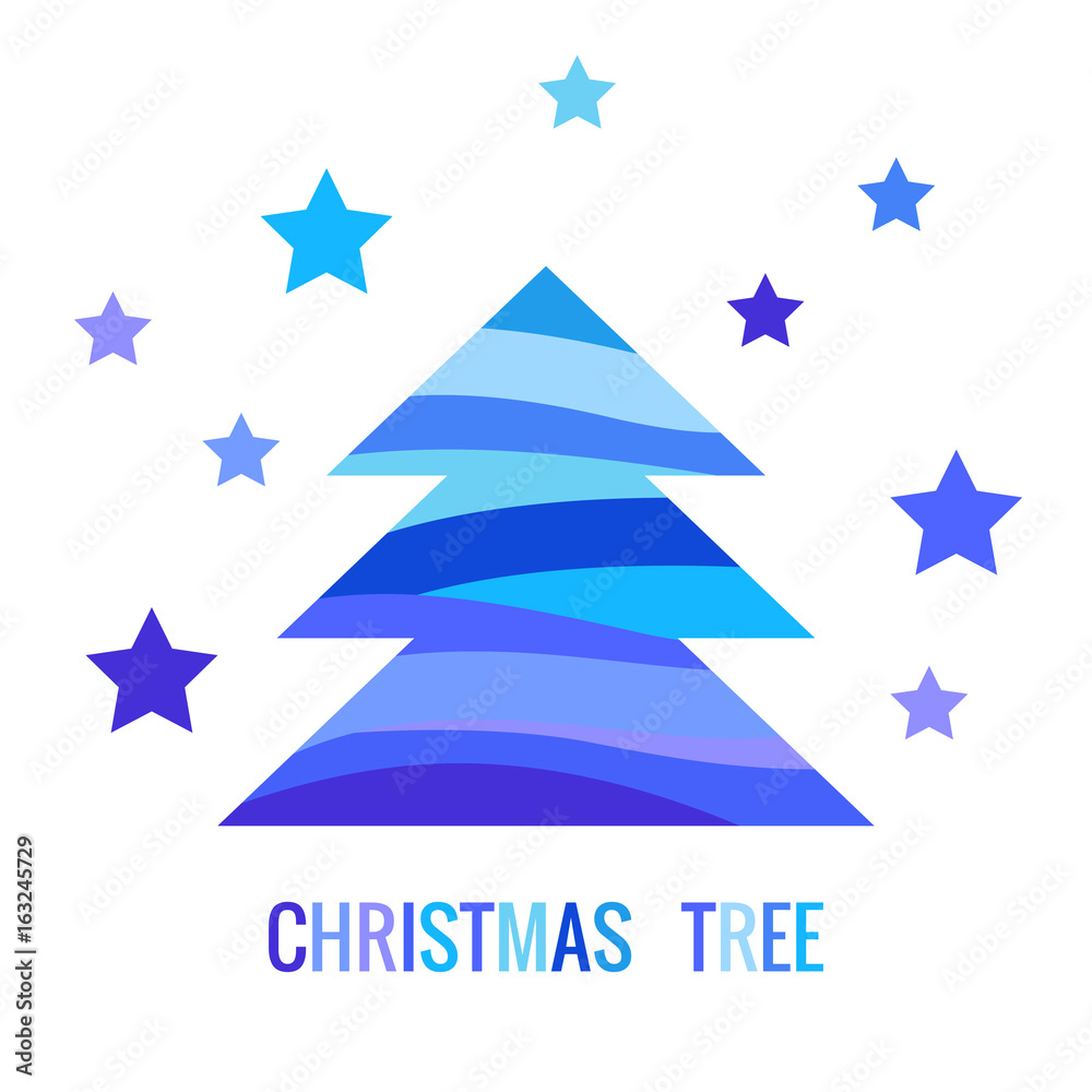 Digital vector blue happy new year merry christmas icon with drawn simple line art, fir tree with stars promo template, flat style