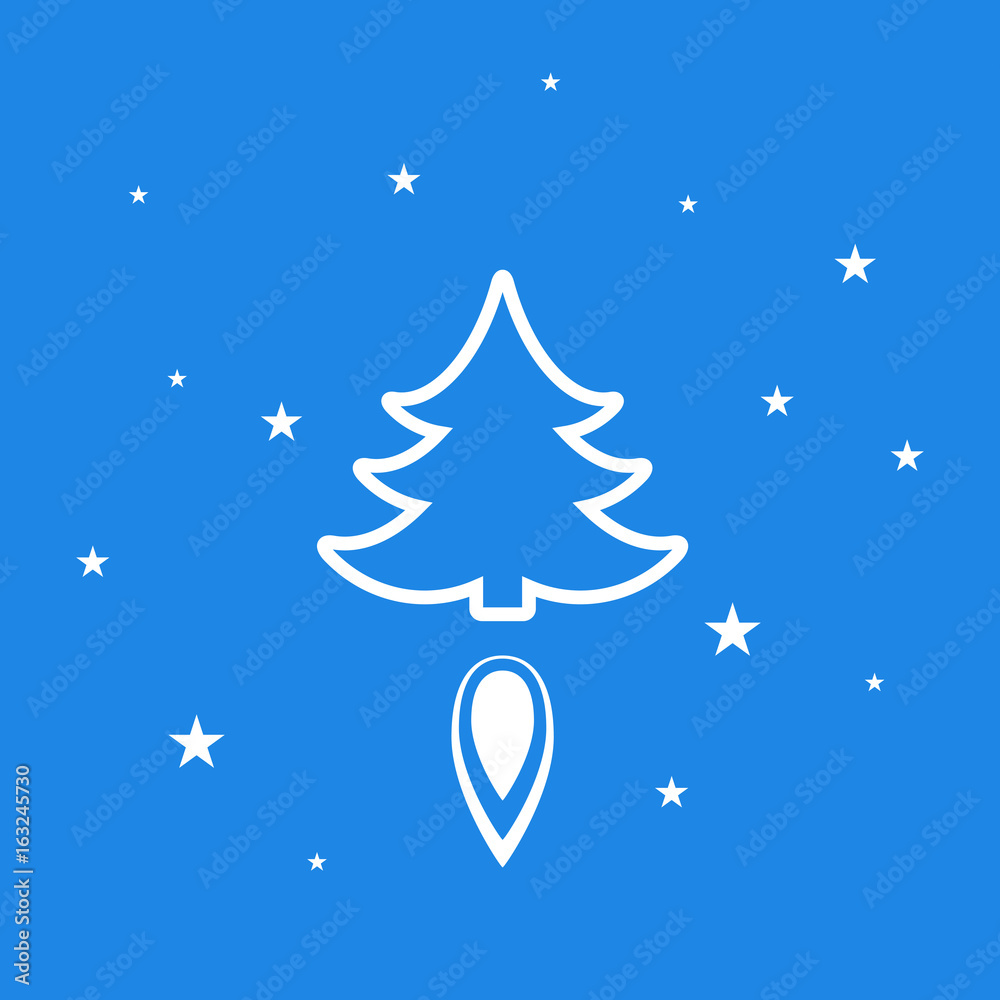 Digital vector blue happy new year merry christmas icon with drawn simple line art, fir tree with fire spark and stars promo template, flat style