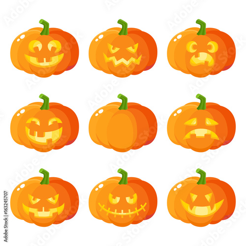 Set of Halloween pumpkin jack-o-lanterns showing various emotions, cartoon vector illustration isolated on white background. Set of pumpkin, jack o lantern emoticons, traditional Halloween symbol