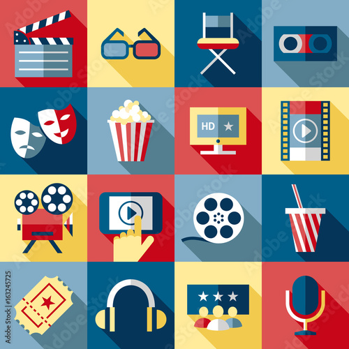 Digital vector red blue 16 cinema icons with drawn simple line art info graphic, presentation with screen, movie and film elements around promo template, flat style