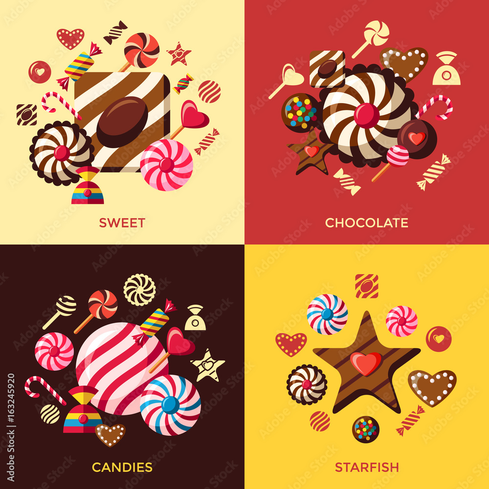 Digital vector red brown sweet candies icons with drawn simple line art info graphic, presentation with sweety, chocolate and cookies elements around promo template, flat style