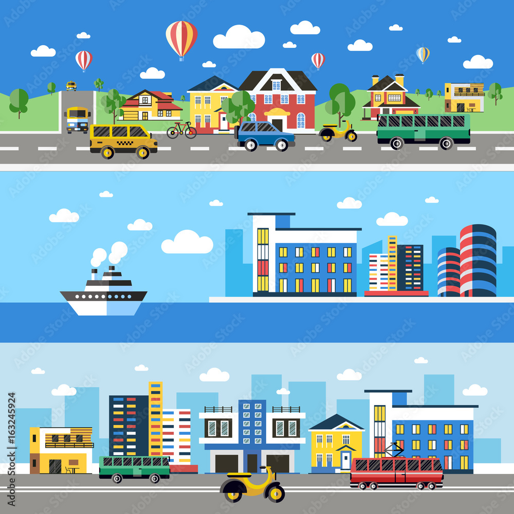 Digital vector blue city transport icons with drawn simple line art info graphic, presentation with car, boat and building elements around promo template, flat style