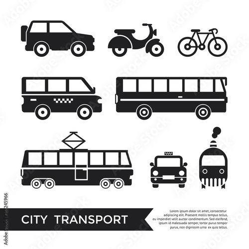 Digital vector black city transport icons set with drawn simple line art info graphic  presentation with car  tram and taxi elements around promo template  flat style
