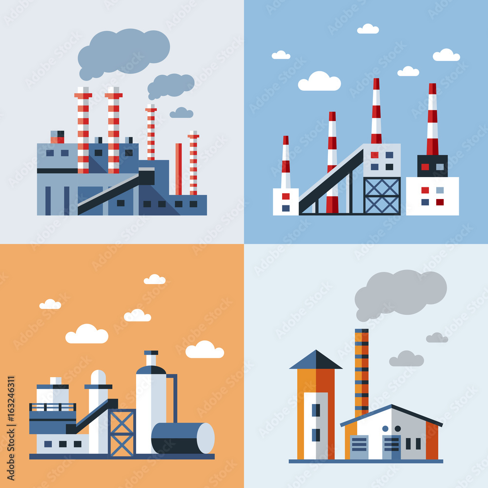 Digital vector blue factory pollution icons with drawn simple line art info graphic, presentation with plant, smoke, environment and energy elements around promo template, flat style