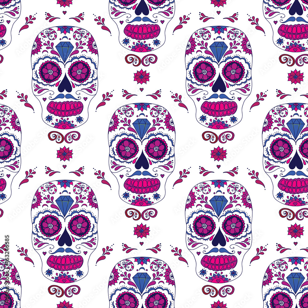 Hand drawn Mexican Day of The Dead seamless pattern. Vector colorful sugar skull with floral ornament. Hand drawn Mexican Day of The Dead seamless pattern. Vector colorful sugar skull with floral ornament.