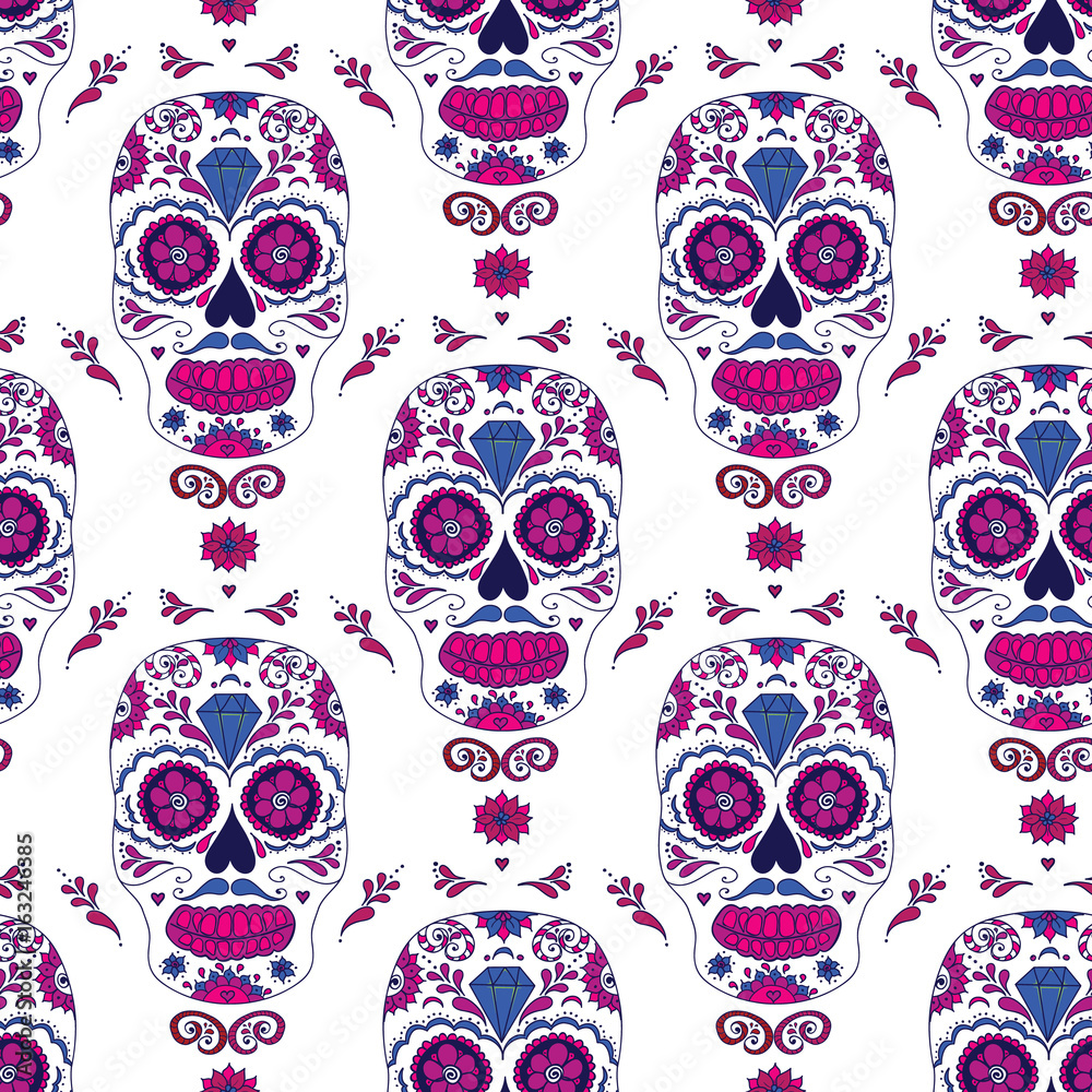 Hand drawn Mexican Day of The Dead seamless pattern. Vector colorful sugar skull with floral ornament.