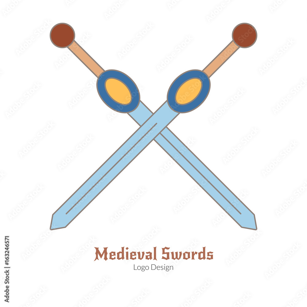 Medieval crossed swords. Logo of weapons, modern flat, thin line style isolated on white background. Colorful medieval theme symbol. Simple medieval pictogram, logotype template. Vector illustration. Medieval crossed swords. Logo of weapons, modern flat, thin line style isolated on white background. Colorful medieval theme symbol. Simple medieval pictogram, logotype template. Vector illustration.