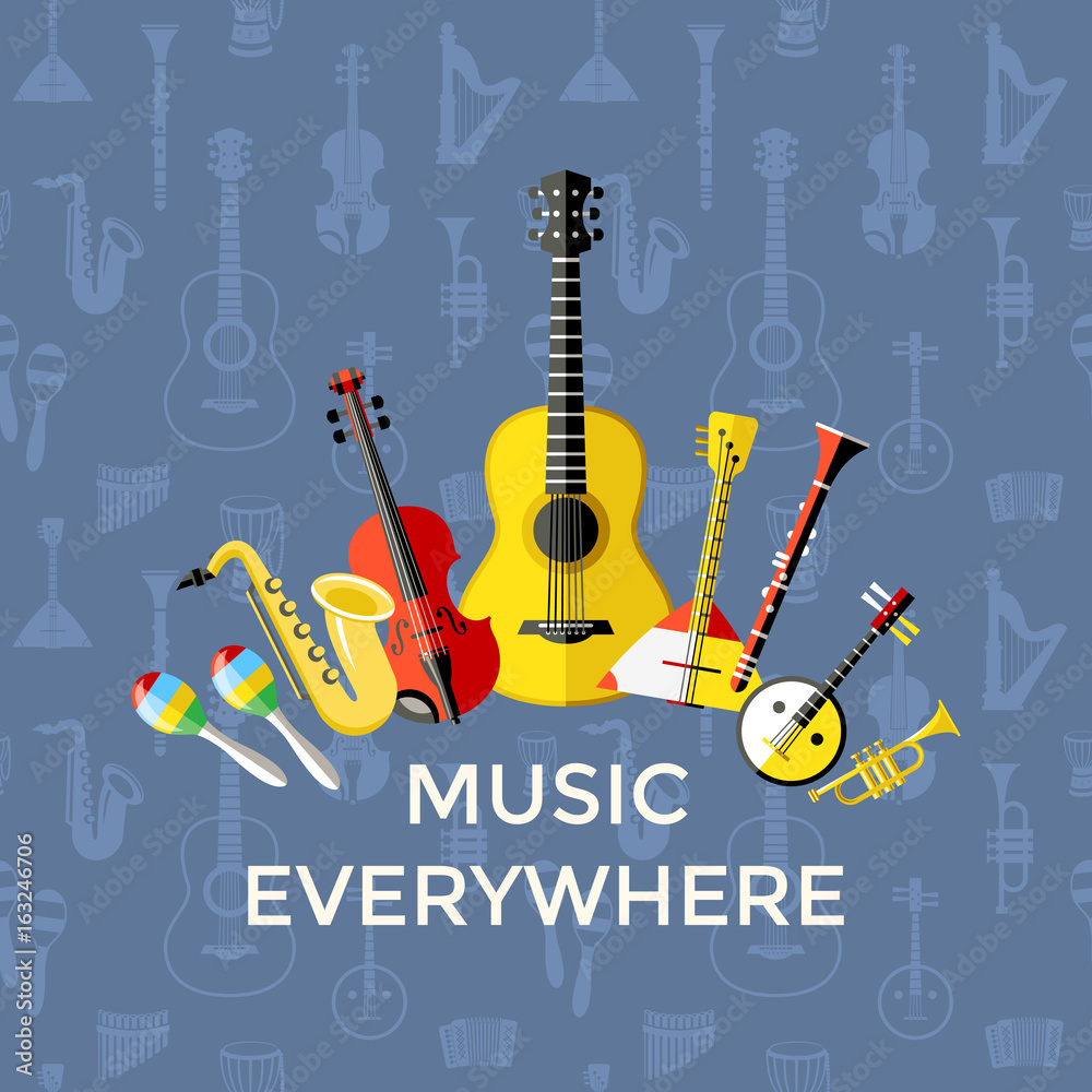Obraz premium Digital vector blue music everywhere instruments icons with drawn simple line art info graphic, presentation with guitar, piano, drums and sound elements around promo template, flat style
