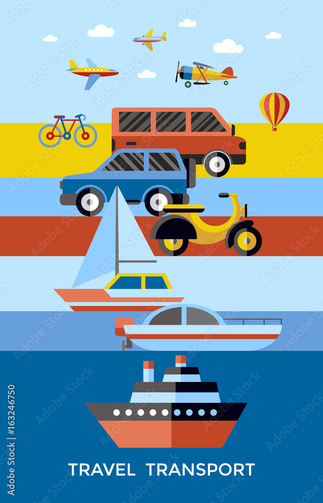 Digital vector red yellow blue travel transport icons set with drawn simple line art info graphic, presentation with car, plane and vehicle elements around promo template, flat style